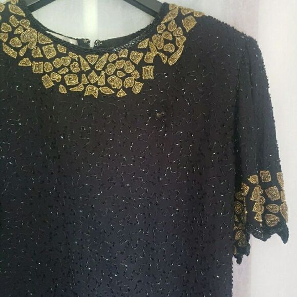 VTG Lourence Kazar Top Blouse Short Sleeves Black Gold Fully Sequins Lined Sz XL - Picture 3 of 15